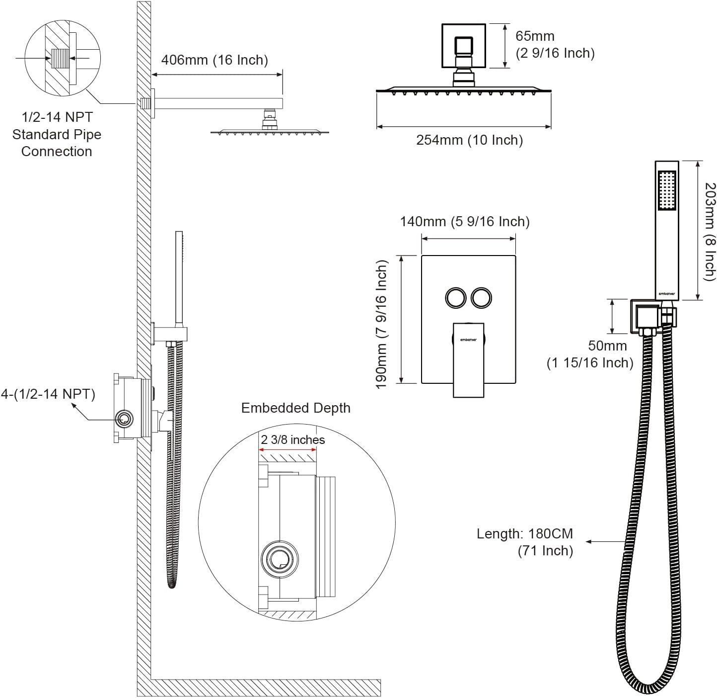 Shower System Shower Faucet Set with Push-Button Diverter and Wall Supply Elbow 10 Inch Shower Head Matte Black