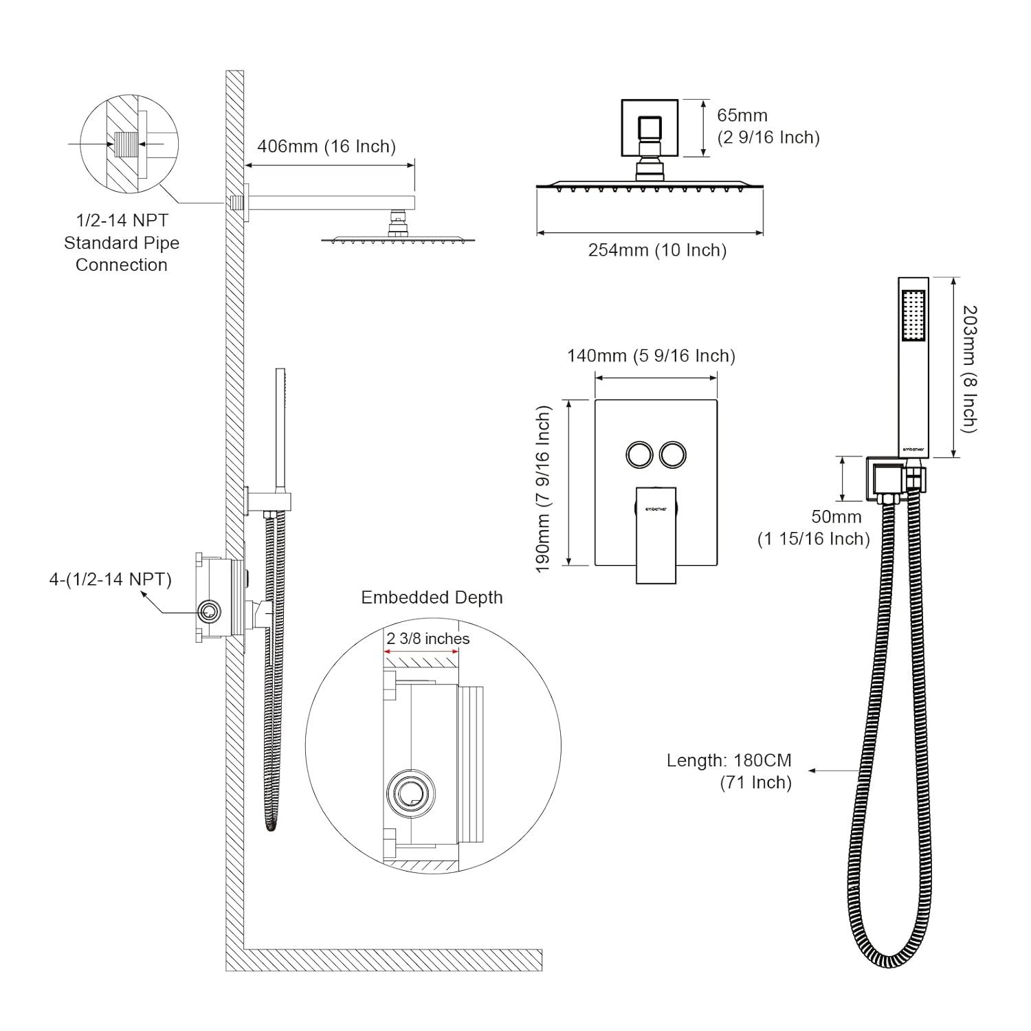 Shower System Shower Faucet Set with Push-Button Diverter and Wall Supply Elbow 10 Inch Shower Head Matte Black