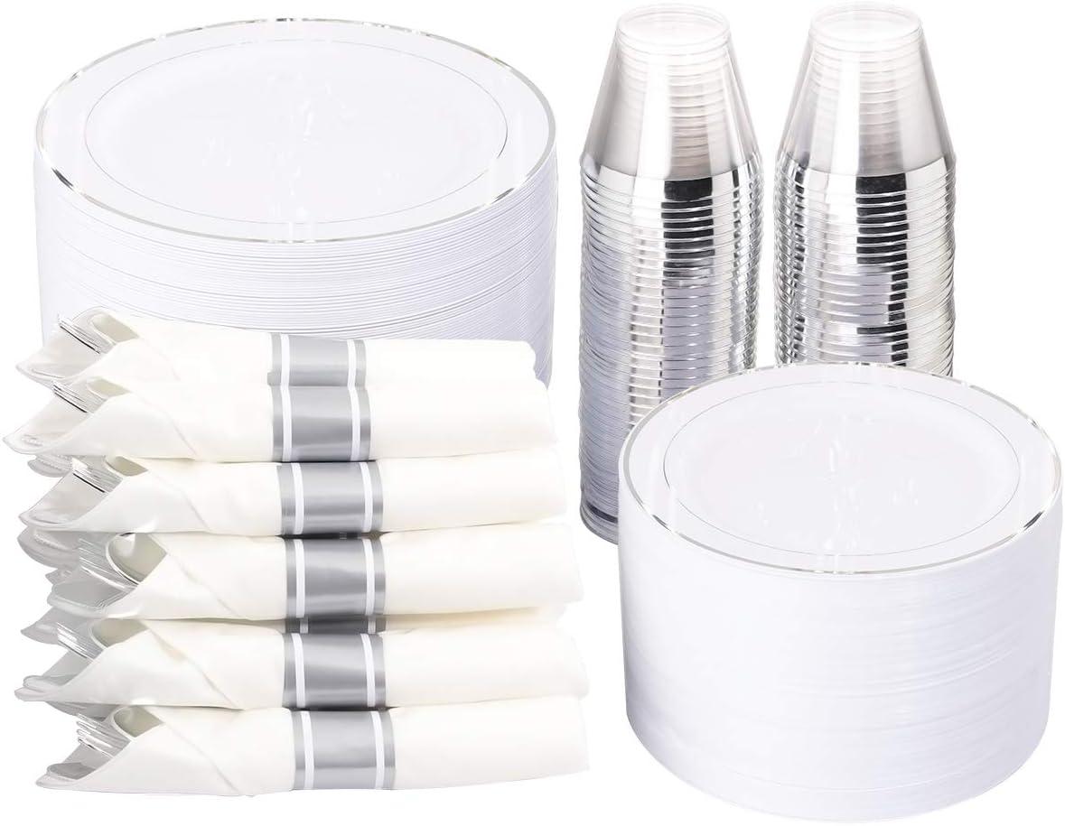 Elegant Silver Rimmed Disposable Plastic Dinnerware Set, 350 Pieces