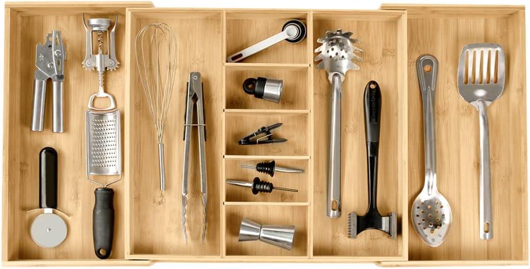 KitchenEdge Adjustable Kitchen Drawer Organizer for Utensils, Expandable to 33 in Wide, 9 Compartments, Bamboo