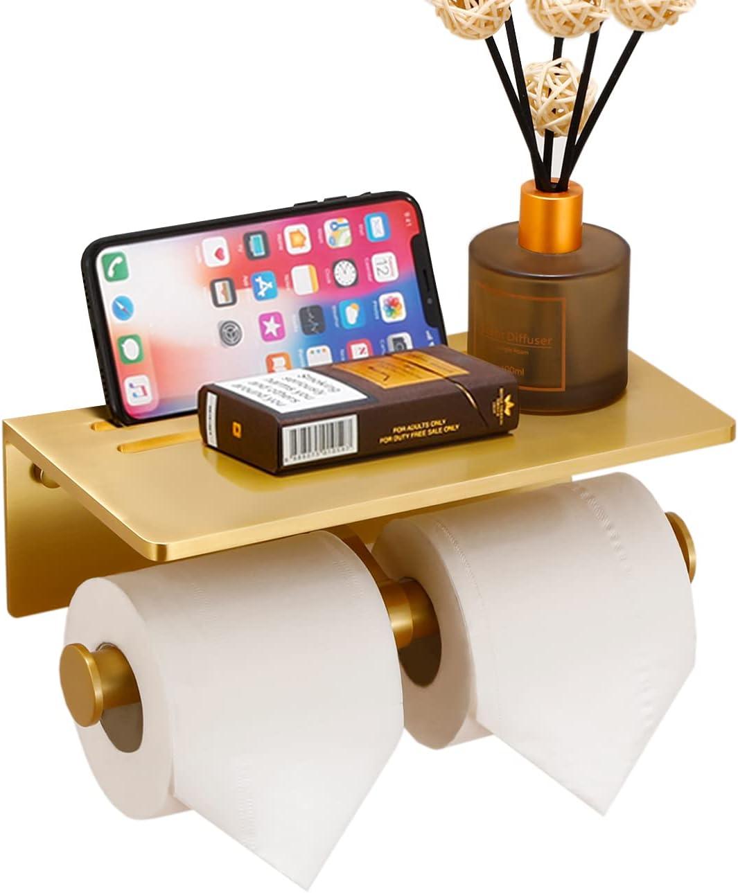 Brushed Gold Aluminum Double Toilet Paper Holder with Shelf