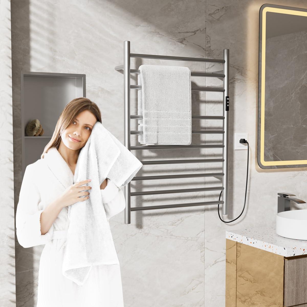 Finihen Wall Mounted Towel Rack, 10 Bar Towel Warmer Wall Mounted Electric Heated Towel Rack with Built-in Timer, for Bathroom, laundry Room, Silver