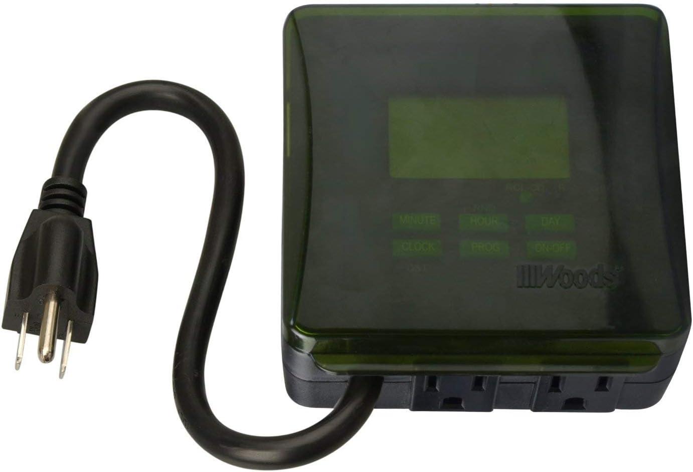 Woods 50015WD Outdoor 7-Day Heavy Duty Digital Plug-in Timer, 2 Grounded Outlets, Weatherproof, Perfect for Automating Holiday/Christmas Lights, Energy Saving Precision Programming, Black & Green