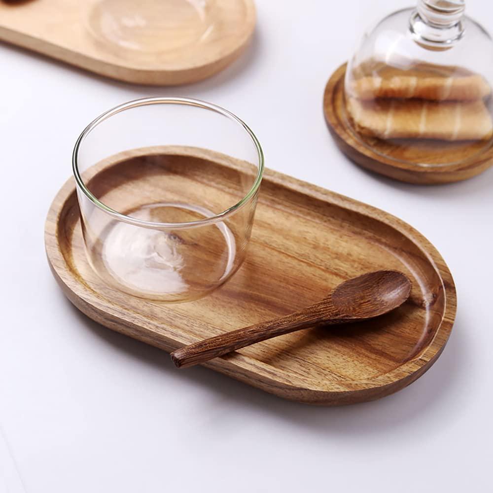 SPEShh Acacia Wooden Serving Trays Set of 2 - Rectangular Oval Shaped Wood Plates for Charcuterie Cheese Bread Fruit Vegetable Dip Sushi - Rustic Serving Platter Shallow Dishes -14x7 & 11x5.5 In.