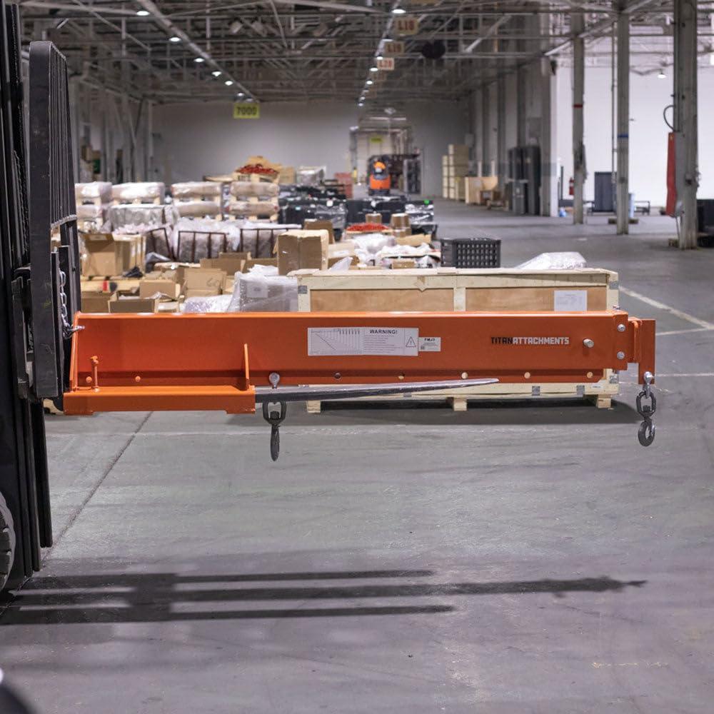 Titan Attachments Fork Mounted Adjustable Hoist Jib Boom Crane, Manual Telescopes 79"-147", 6000 LB Lift Capacity, Two 3 Ton Swivel Hooks, Ideal for Warehouse or Factories