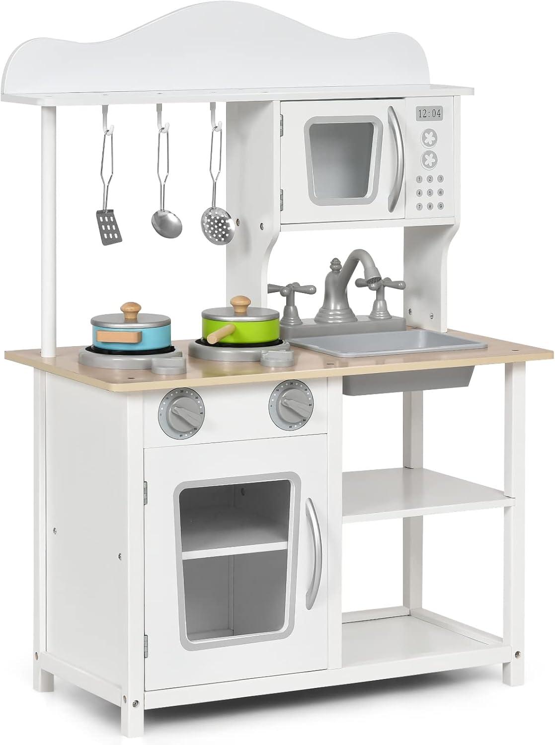 Resenkos Wooden Pretend Play Kitchen Set for Kids with Accessories and Sink, Kids Play Kitchen for Kids Ages 3-8, Gourmet Kitchen Kid's Wooden Play Kitchen