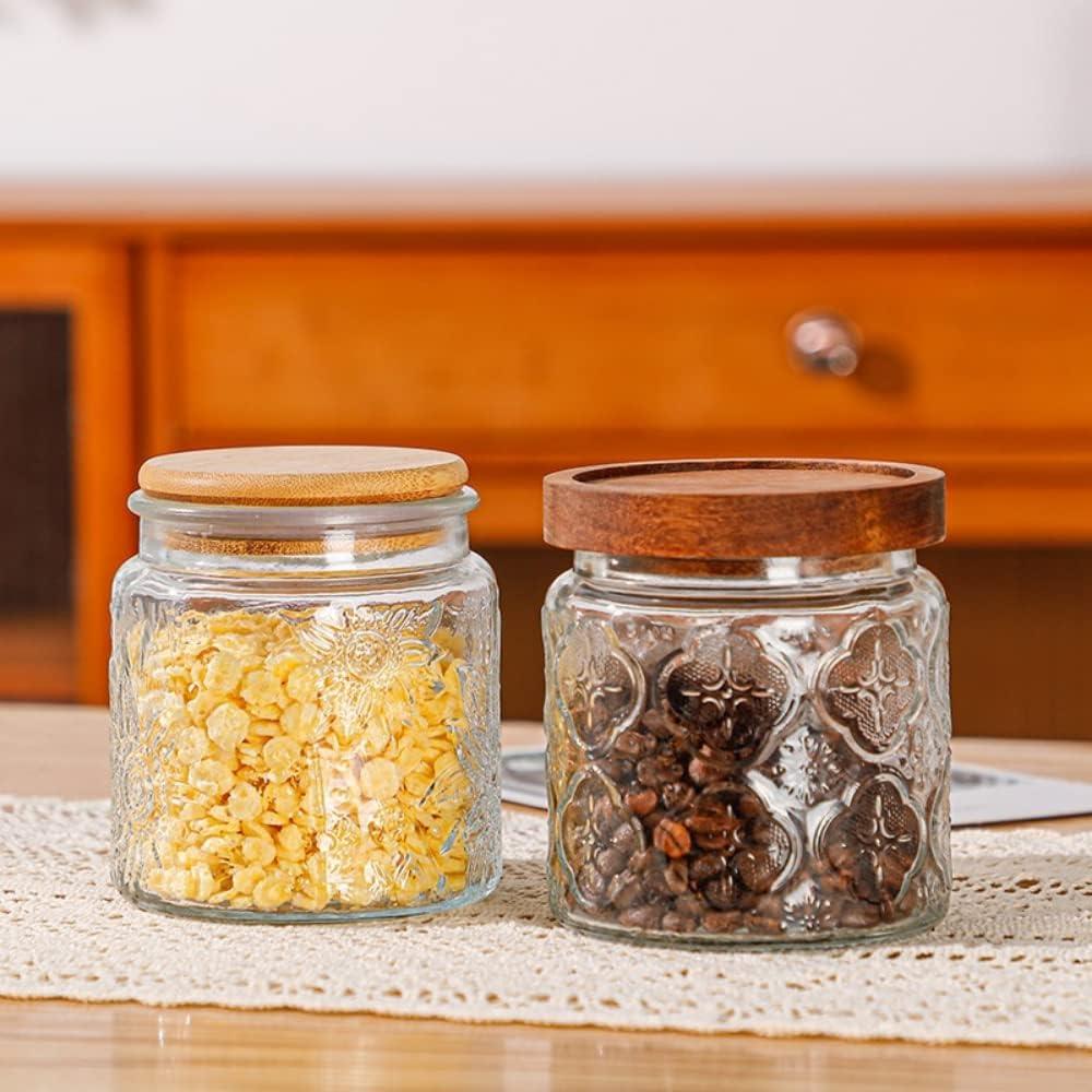 Set of 4 Clear Embossed Glass Storage Jars with Bamboo Lids