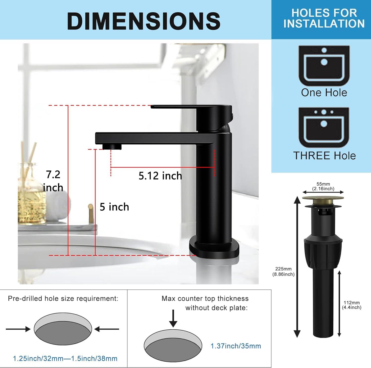 Black Bathroom Faucet Single Hole Bathroom Sink Faucet, Matte Black Single Handle Vanity Basin Faucets with Supply Deck Plate, Modern Farmhouse RV Faucet 1 or 3 Holes