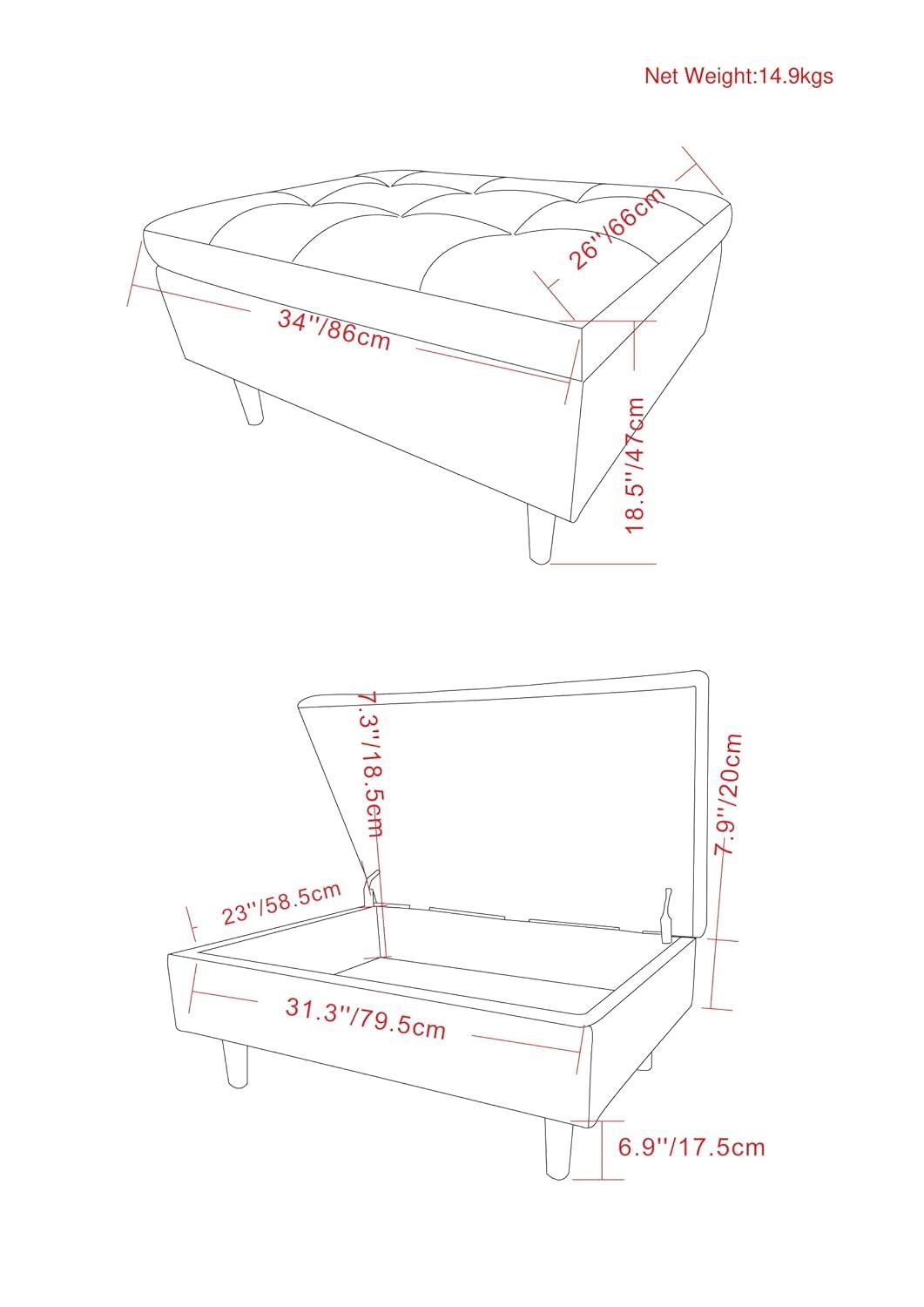 Simpli Home Shay 34"W Upholstered Coffee Table Storage Ottoman with Lift Top and Tufted Detailing