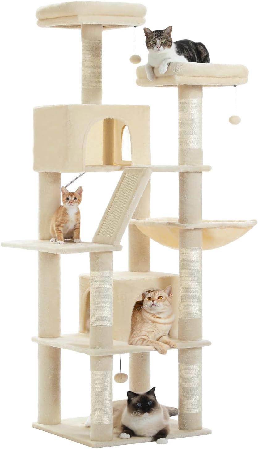 Tall Cat Tree 70.9", Large Cat Tower for Indoor Cats, Multi-Level Plush Cat Condo with 6 Scratching Posts, 2 Scratching Boards, 2 Perches, 2 Caves, Hammock, 2 Pompoms, Beige