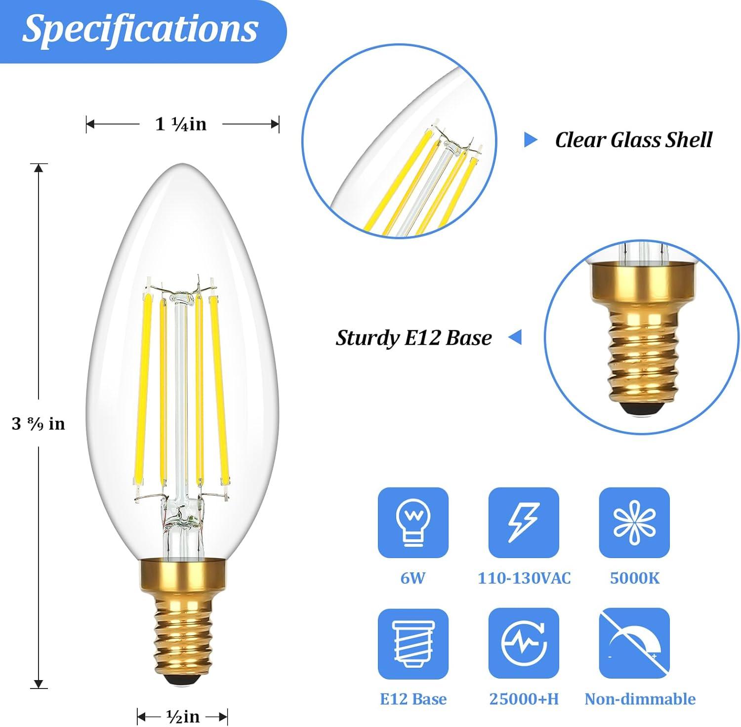 Dimmable Warm White LED Filament Chandelier Bulbs, 6-Pack