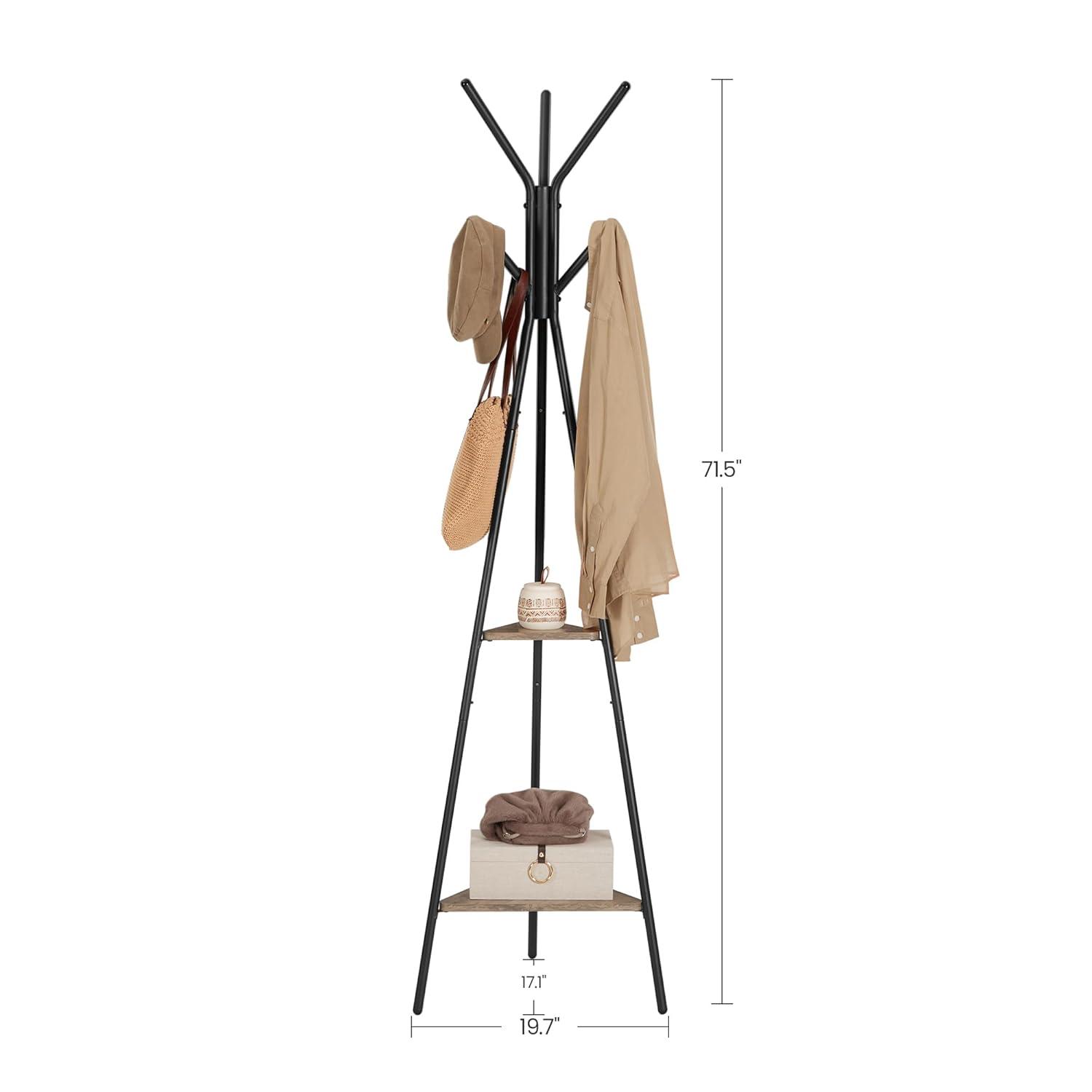 Coat Rack Freestanding Coat Hanger Stand Hall Tree with 2 Shelves for Clothes Hat Bag Industrial Style Greige and Black