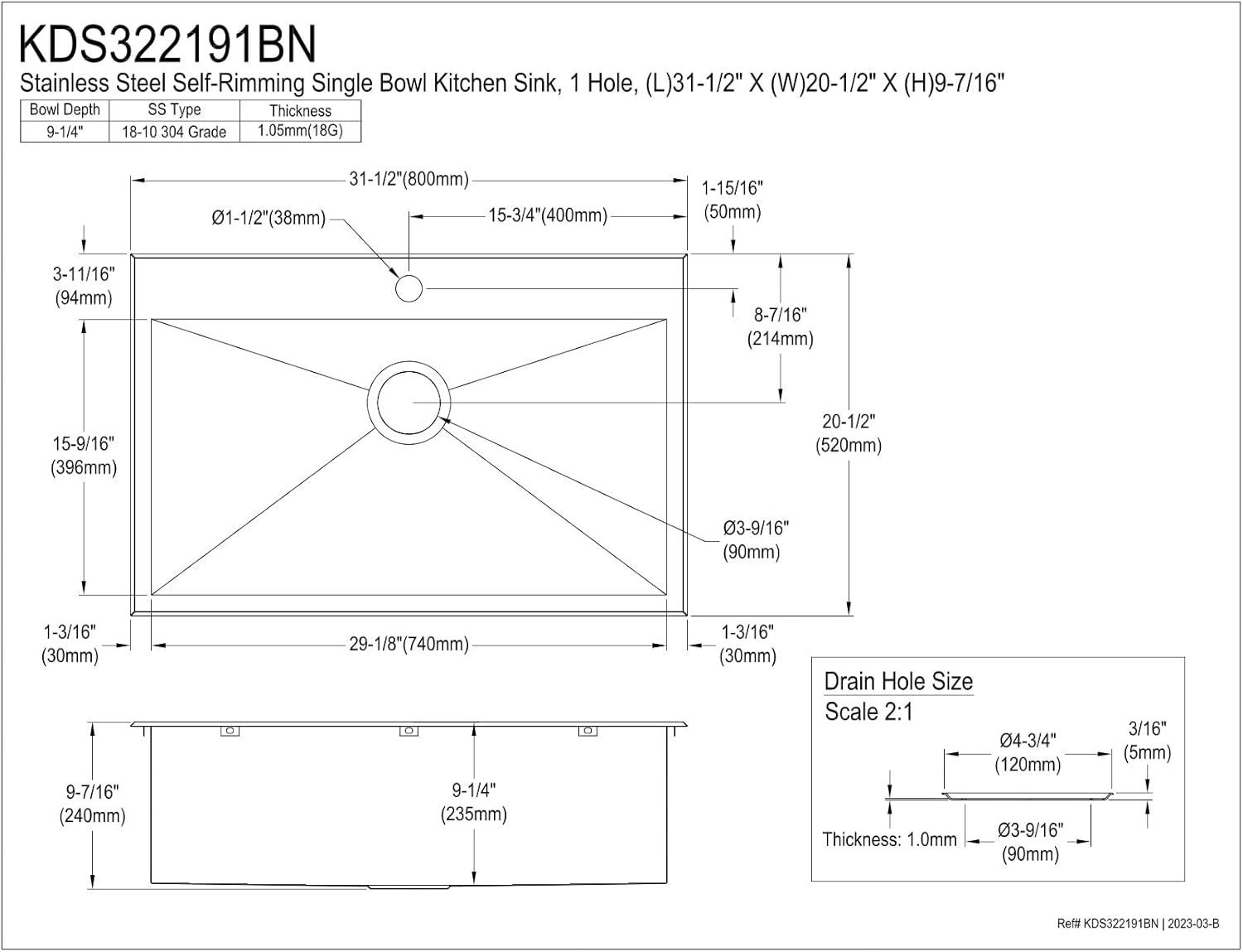 32-Inch Brushed Stainless Steel Single Bowl Drop-In Kitchen Sink