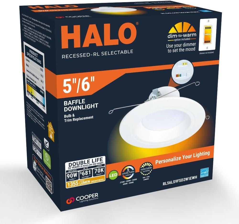 HALO RL Series 5/6 inch Recessed LED Retrofit Light, Selectable CCT 2700K-5000K Integrated LED, Dim to Warm, White Retrofit Baffle Trim, 600 Lumens