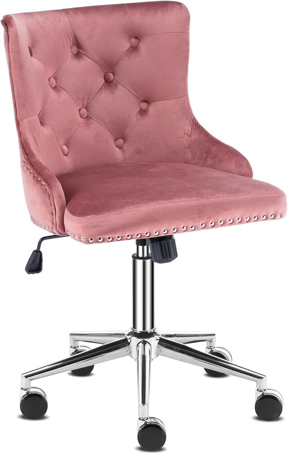 Pink Velvet Swivel Office Chair with Adjustable Height