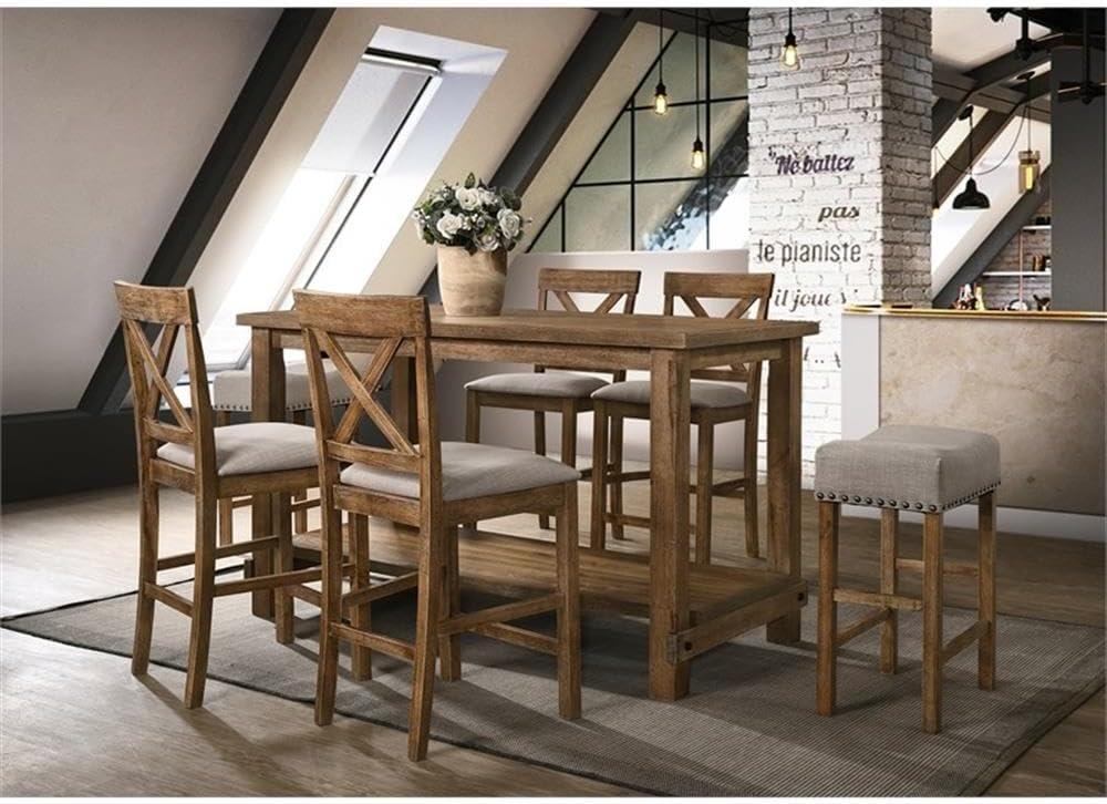 Tan Linen and Weathered Oak Backless Saddle Counter Stool