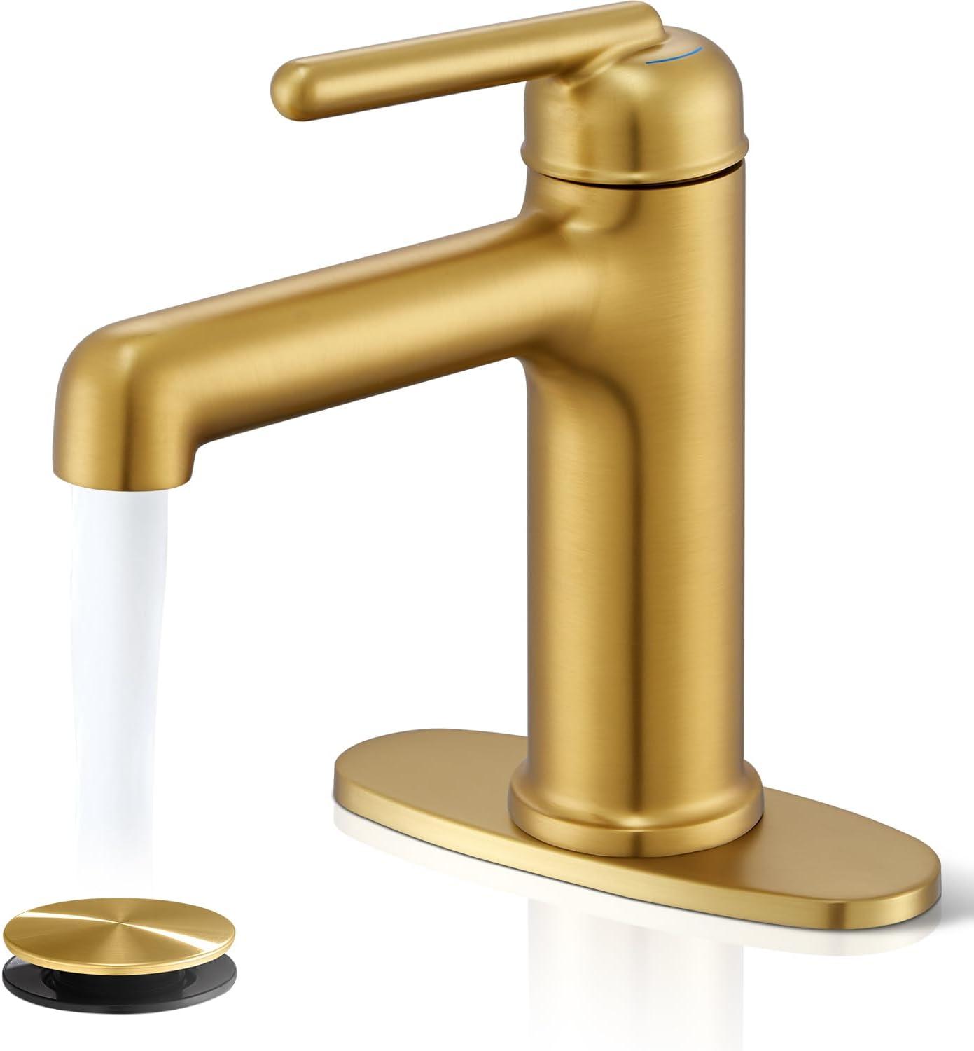 Brushed Gold Single Handle Brass Bathroom Faucet with Pop-up Drain