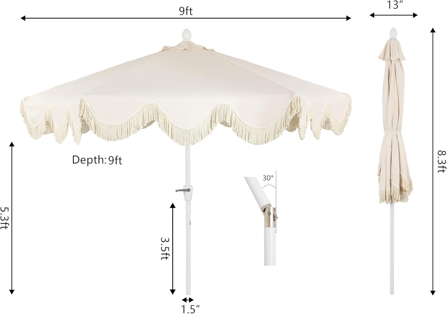 JONATHAN Y Collins 9 ft. Classic Cottage Tassel Market Patio Umbrella with Auto-Tilt, Crank, Wind Vent and UV Protection in Cream