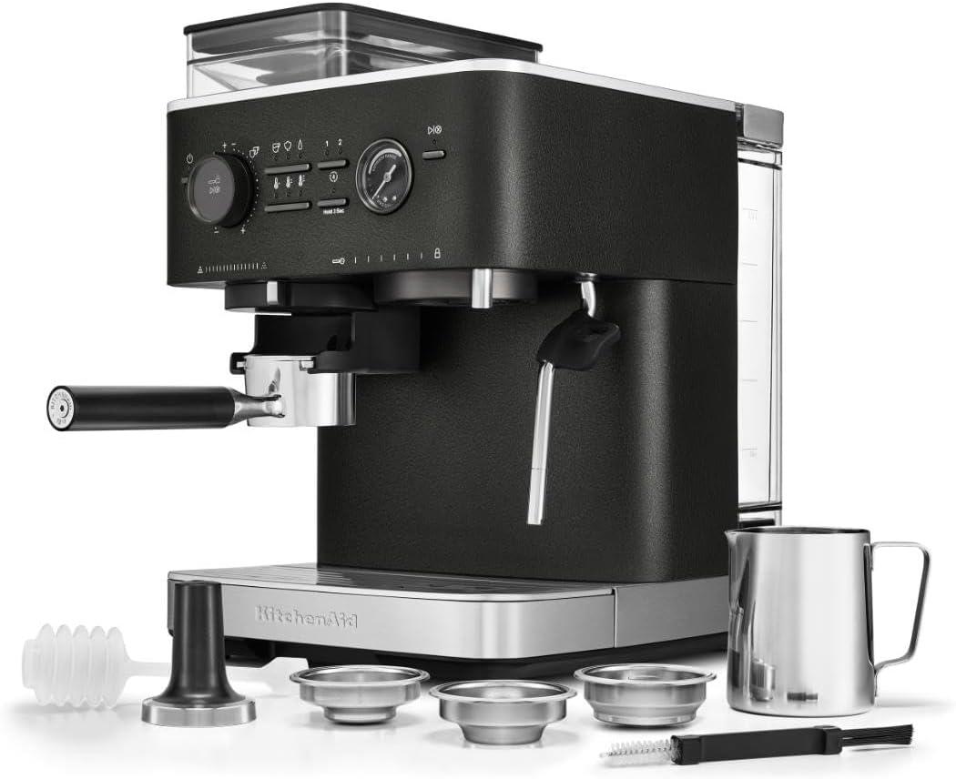 Black Semi Automatic Espresso Machine with Burr Grinder and Steam Wand