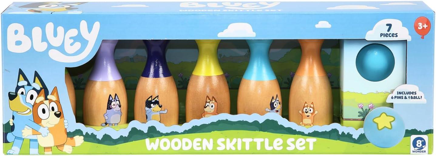 Bluey Wooden Bowling Skittles Set, Indoor & Outdoor Bowling Play, 6 Pins and 1 Bowling Ball, Ages 3+