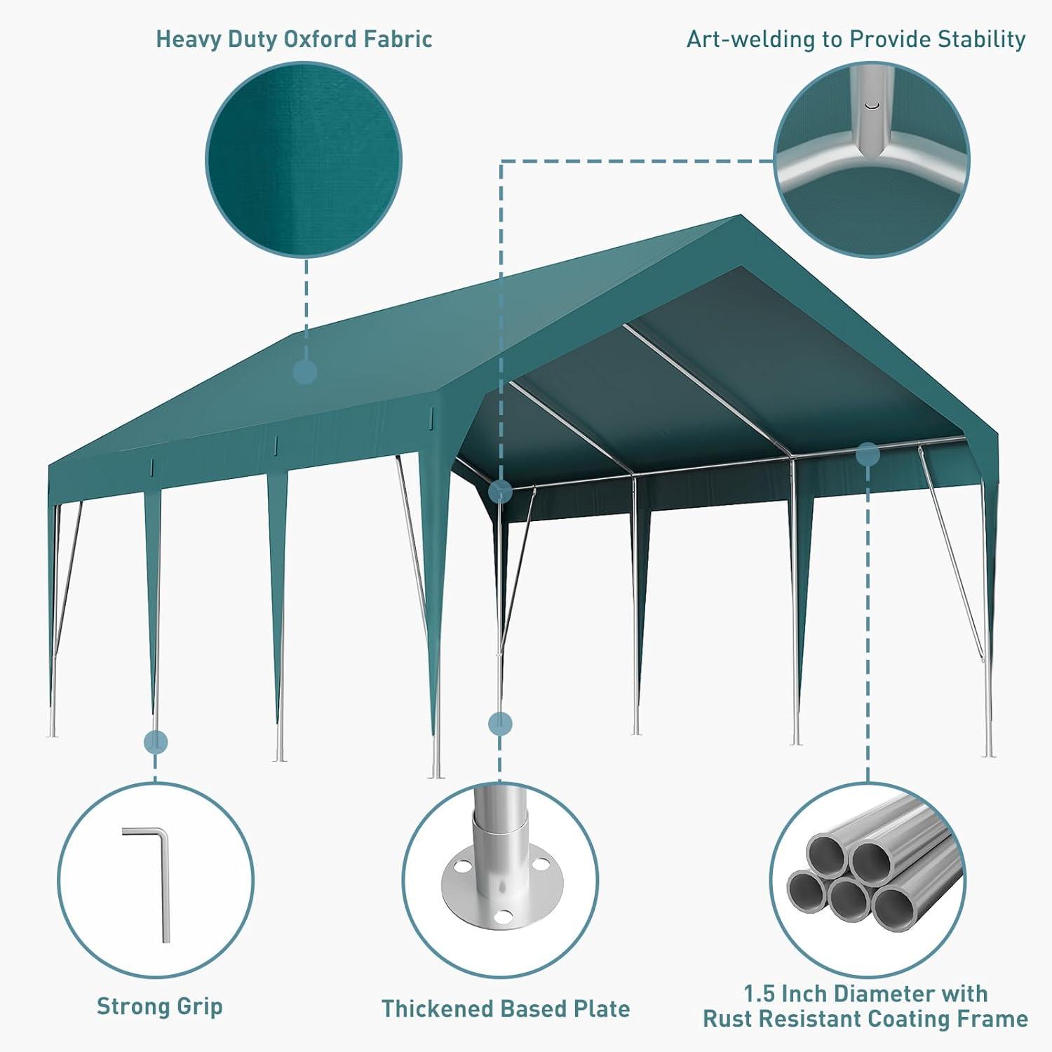 10' x 20' Dark Green Metal Portable Carport Canopy