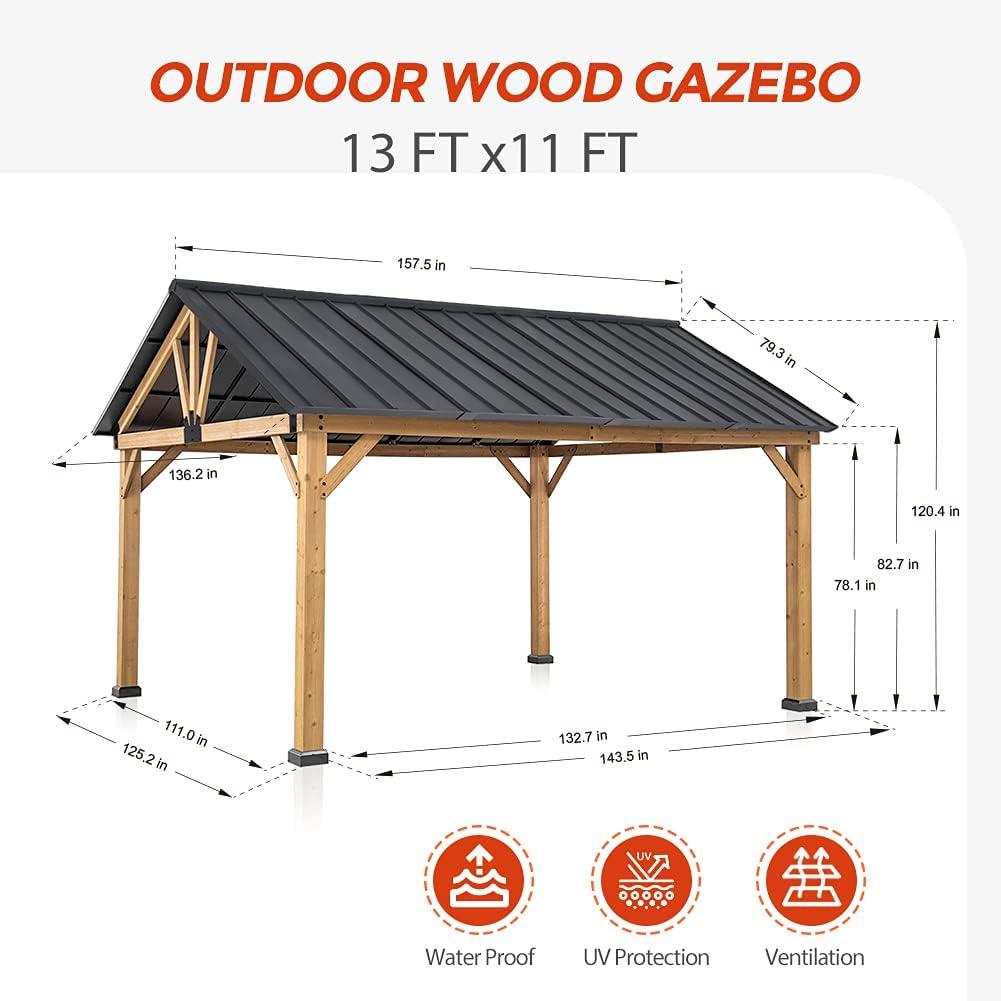 EAGLE PEAK 15 x 13 Solid Wood Patio Gazebo, Cedar Framed Outdoor Pavilion Cabana with Black Steel Gable Hardtop Roof, 14x12 Frame, Black