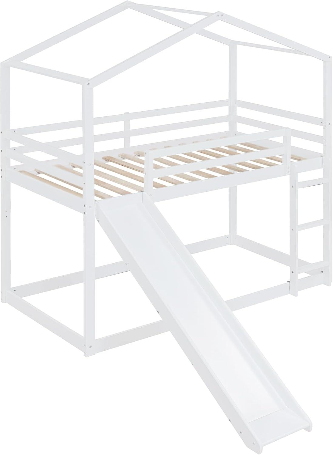 Kids House Bunk Bed with Slide, Solid Wood Bunk Beds Twin Over Twin Size with High Guardrail, Able to Split, Kids Loft/Bunk Bed, Storage Space, Noise Free, Easy Assembly (White)