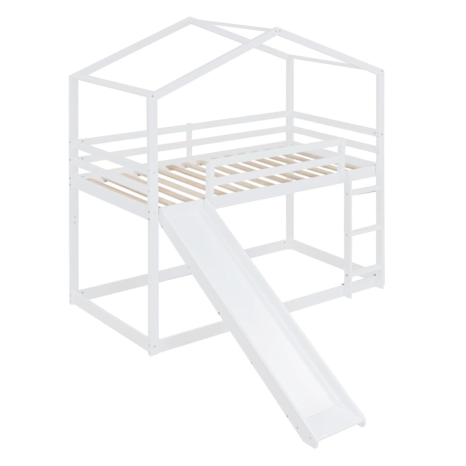 Kids House Bunk Bed with Slide, Solid Wood Bunk Beds Twin Over Twin Size with High Guardrail, Able to Split, Kids Loft/Bunk Bed, Storage Space, Noise Free, Easy Assembly (White)