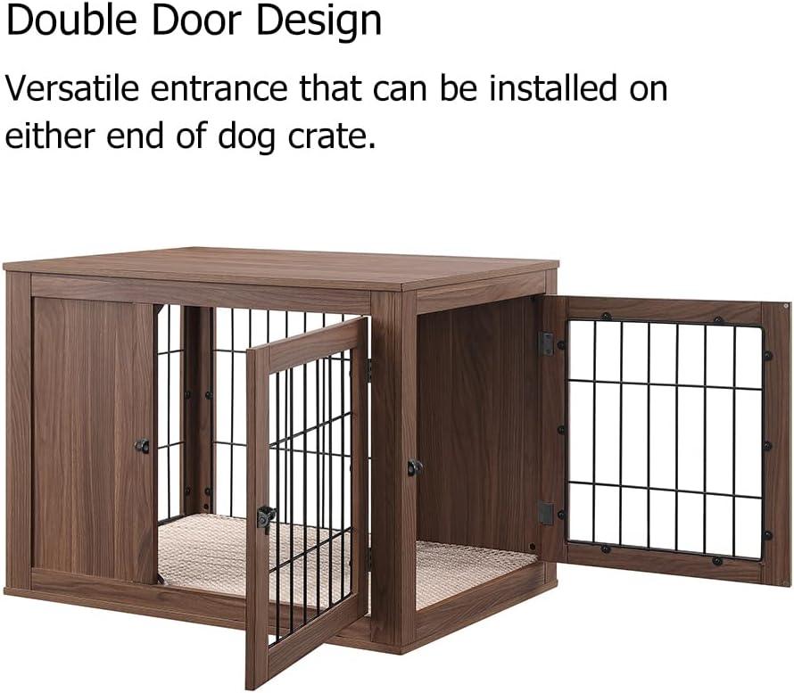 Unipaws Dog Crate End Table with Cushion, Wooden Wire Pet Kennels with Double Doors, Modern Design Dog House, Chew-Proof, Walnut