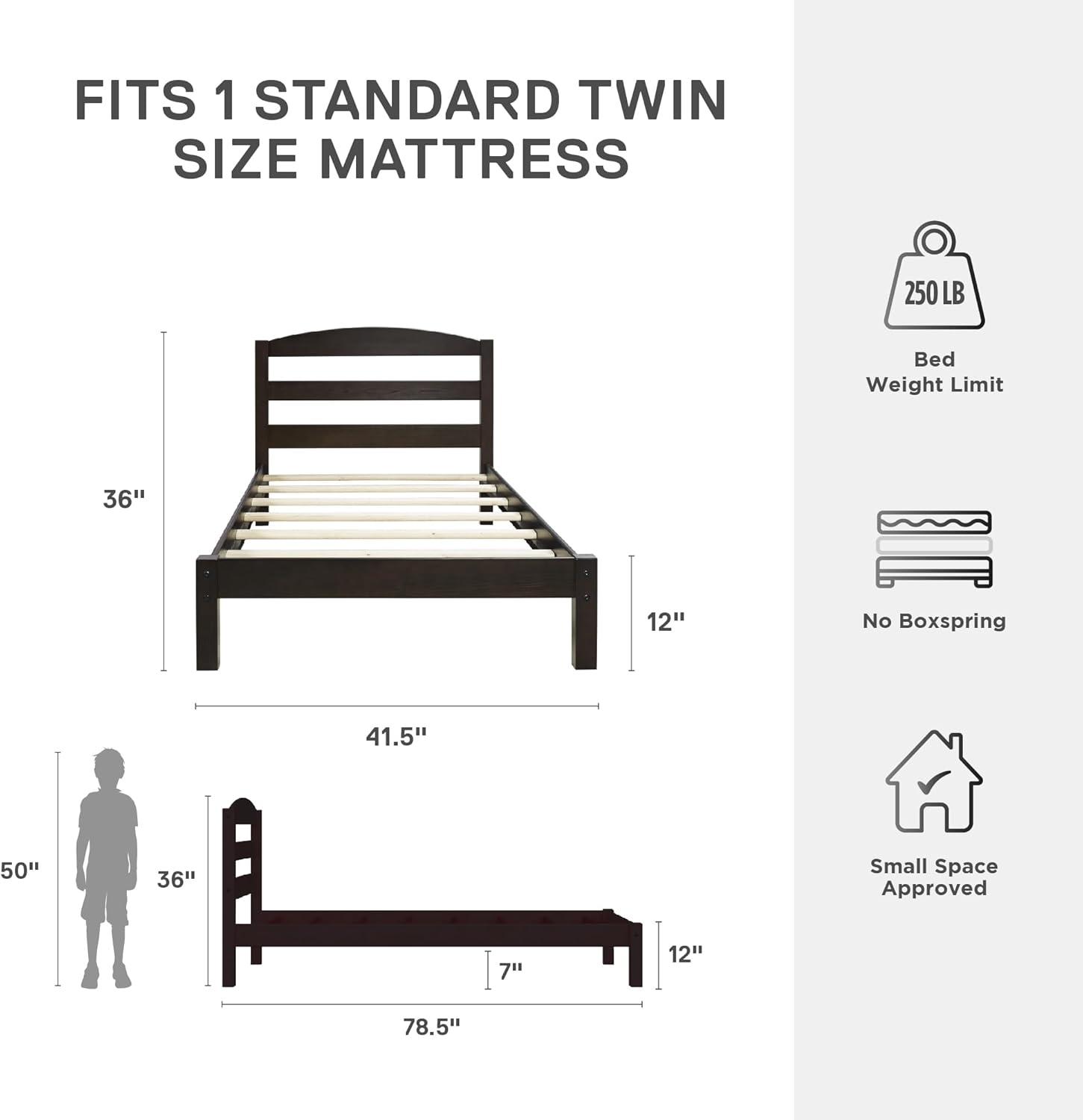 Espresso Pine Twin Platform Bed with Upholstered Headboard