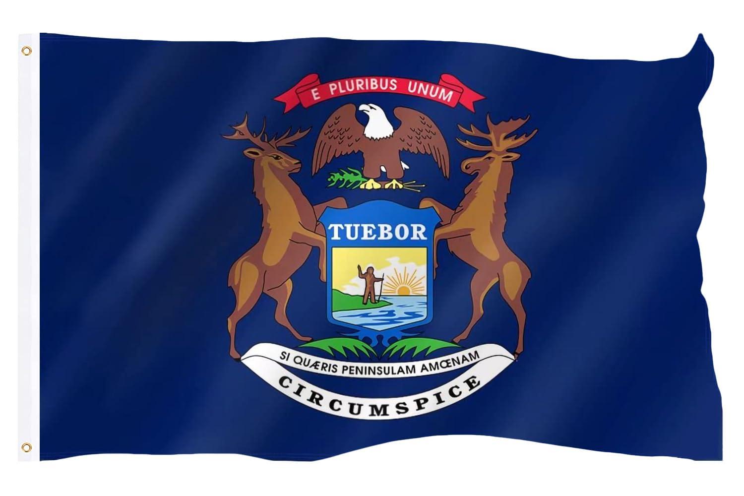 Michigan State Flag, Nylon, 3' x 5', 100% Made in USA, Canvas Header, Heavy-Duty Brass Grommets
