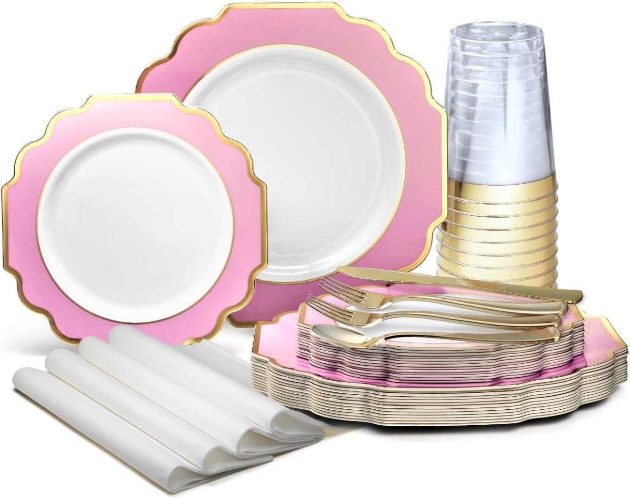 " OCCASIONS " 200 Piece set (25 Guests)-Wedding Plastic Plates & cutlery -Disposable heavyweight Dinnerware 10.5'', 8'' + Silverware + Cups + Napkins (Imperial in Rose Pink & Gold)