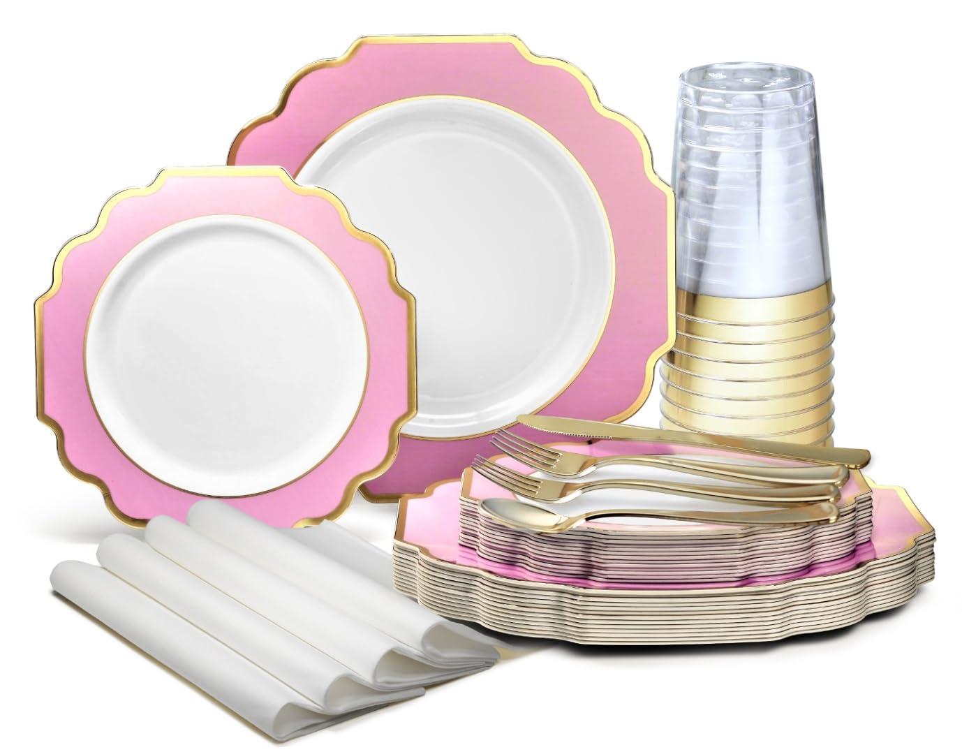 " OCCASIONS " 200 Piece set (25 Guests)-Wedding Plastic Plates & cutlery -Disposable heavyweight Dinnerware 10.5'', 8'' + Silverware + Cups + Napkins (Imperial in Rose Pink & Gold)
