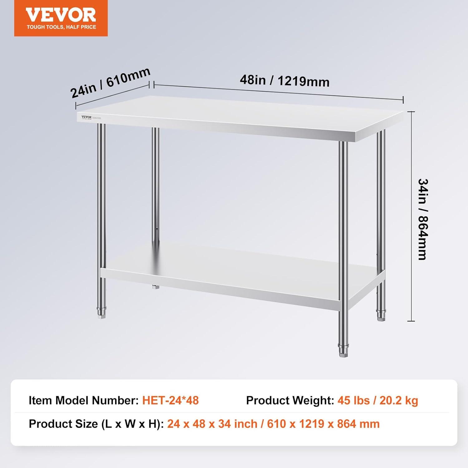 VEVOR Stainless Steel Prep Table, 48 x 24 x 34 Inch, 550lbs Load Capacity Heavy Duty Metal Worktable with Adjustable Undershelf, Commercial Workstation for Kitchen Restaurant Garage Backyard