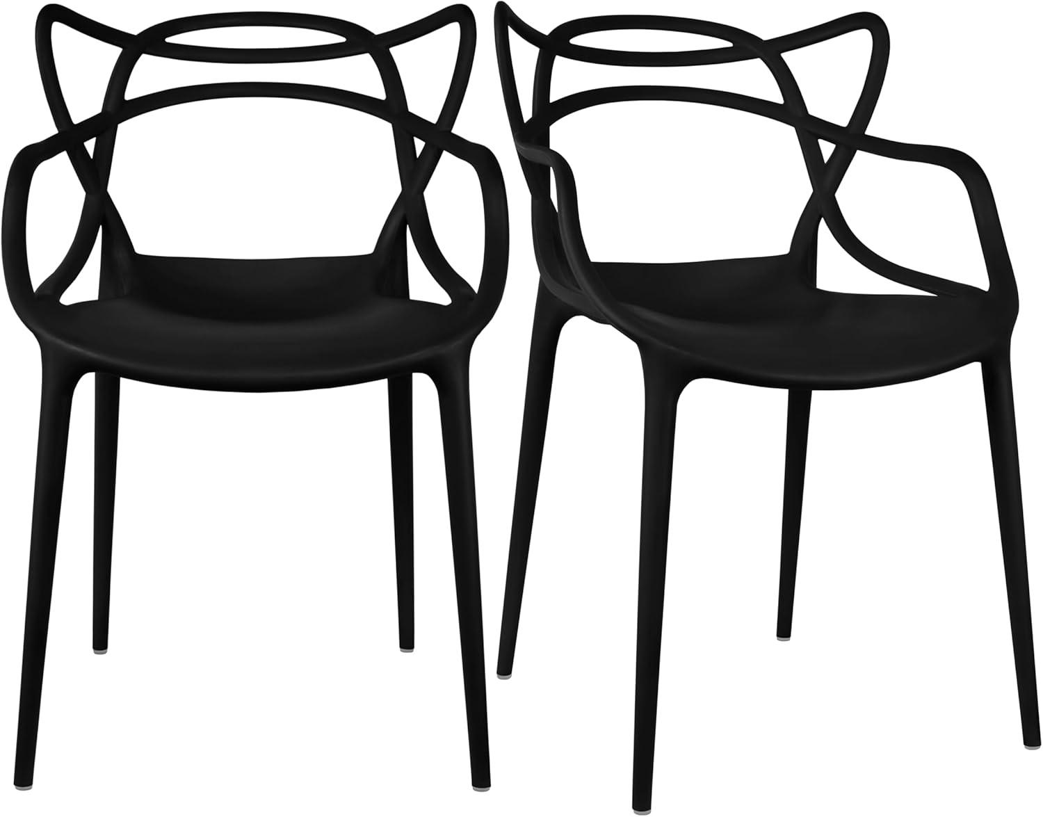 2xhome Set of 2 Modern Dining Chairs | Stackable Indoor or Outdoor Entangled Side Chair | Weather Resistant Plastic for Kitchen, Patio, Restaurant, Yard, Porch, Balcony, Black