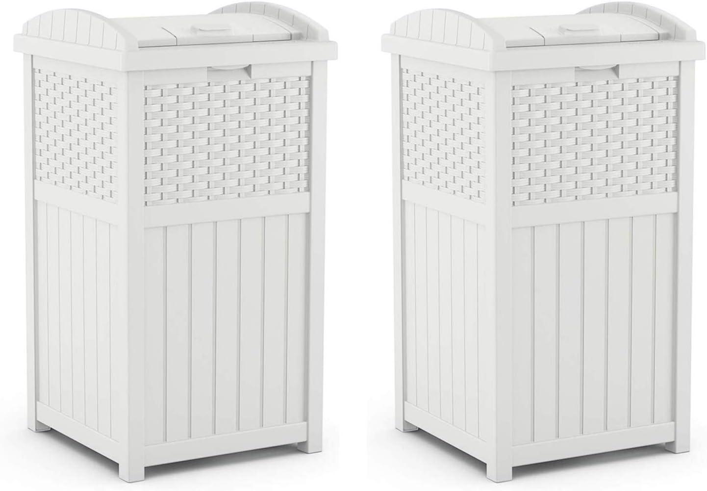 Suncast Wicker Resin Outdoor Hideaway Trash Can Bin with Latching Lid for Use in Backyard, Deck, or Patio, White (2 Pack)