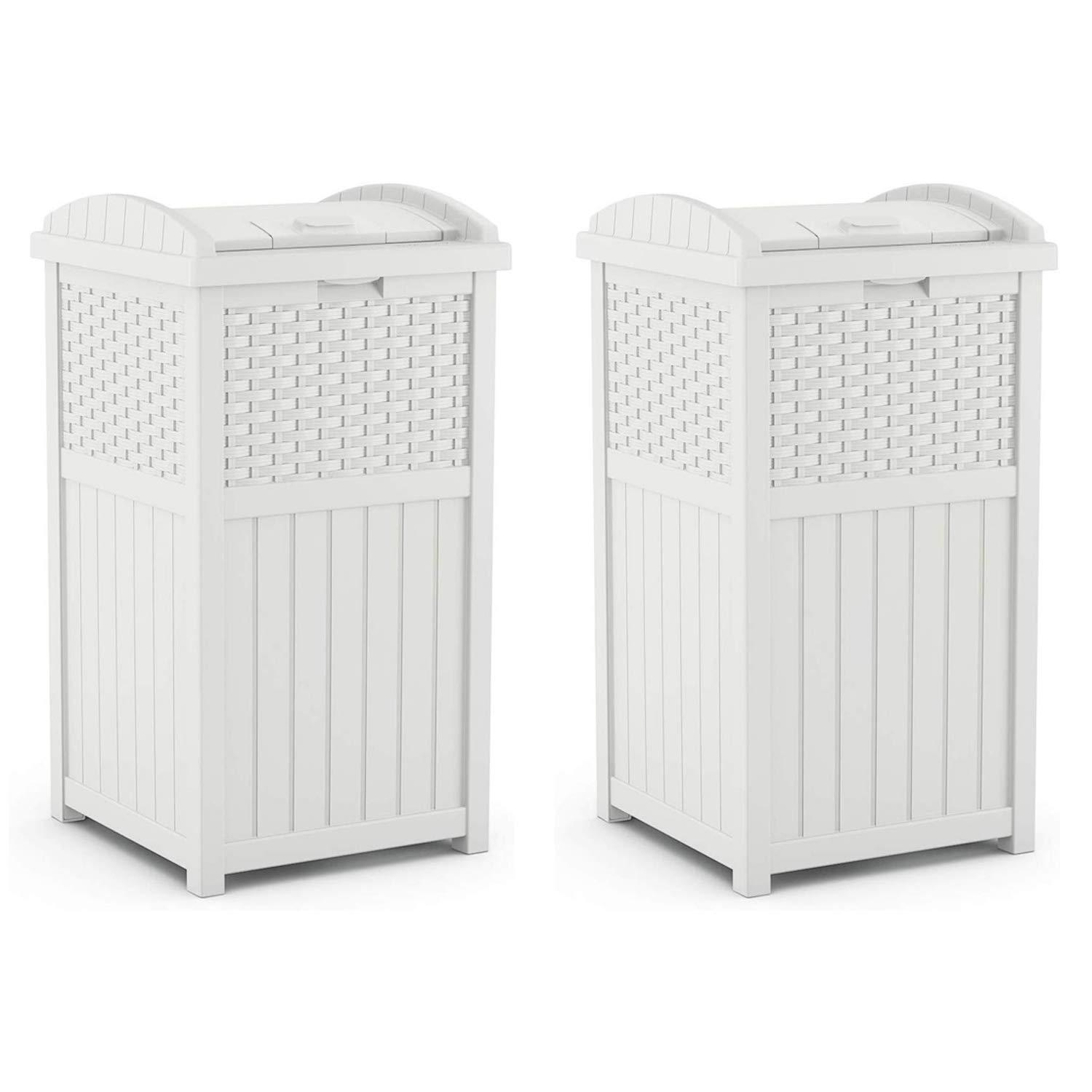 Suncast Wicker Resin Outdoor Hideaway Trash Can Bin with Latching Lid for Use in Backyard, Deck, or Patio, White (2 Pack)