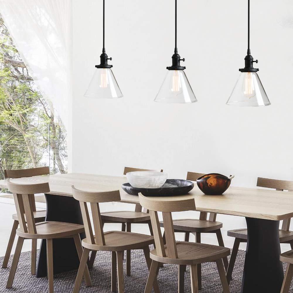 PERMO Vintage Rustic Industrial 3-Lights Kitchen Island Chandelier Triple 3 Heads Pendant Hanging Ceiling Lighting Fixture with Funnel Flared Clear Glass Shade (Black)