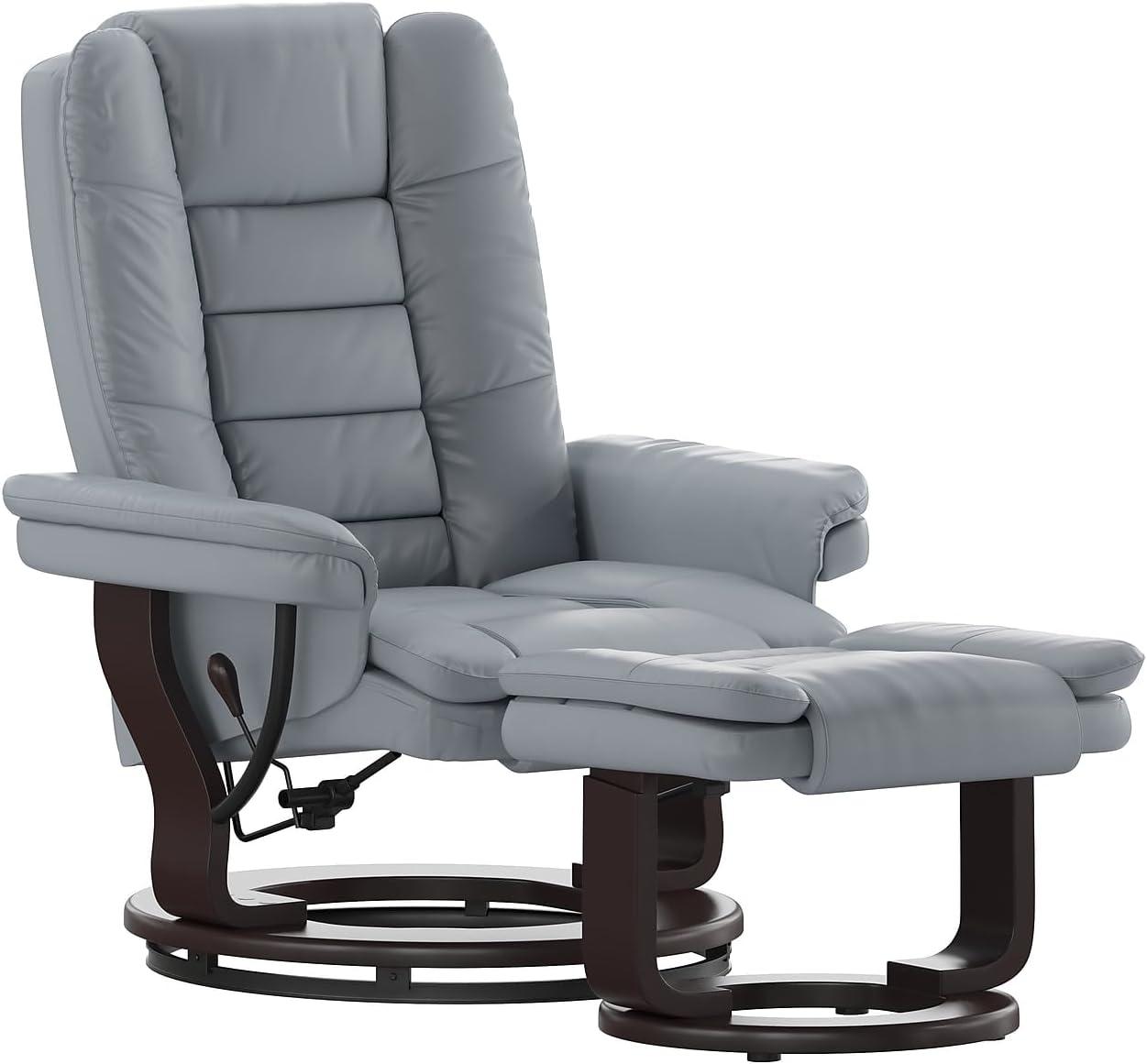 Gray Faux Leather Swivel Recliner with Ottoman and Wood Base