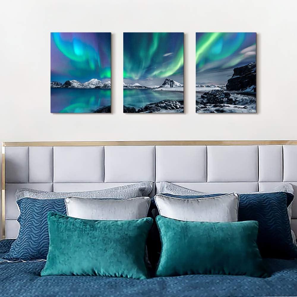 Farmhouse Canvas Wall Art For Bedroom Wall Decorations For Living Room Office Wall Decor Aurora Scenery Painting On Stretched And Framed Wall Pictures 3 Piece Ready To Hang For Bathroom Home Decor