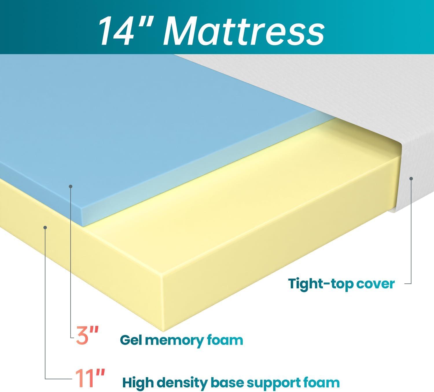 FDW 14 inch Mattress Gel Memory Foam Mattress for Cool Sleep & Pressure Relief/CertiPUR-US Certified/Bed-in-a-Box/Pressure Relieving