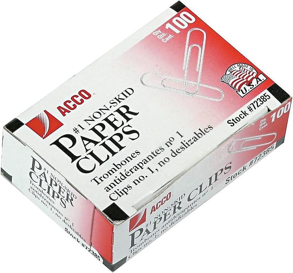 ACCO Paper Clips, #1, Nonskid, Silver, 100 Clips/Box, 10 Boxes/Pack