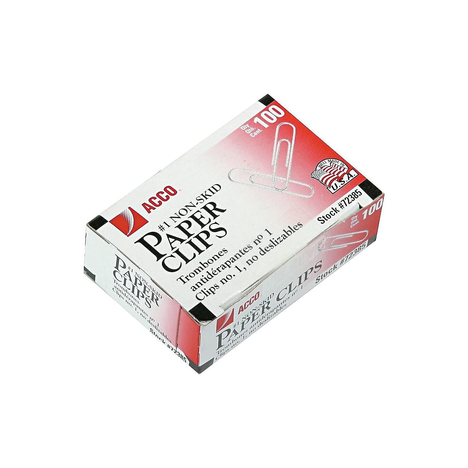 ACCO Paper Clips, #1, Nonskid, Silver, 100 Clips/Box, 10 Boxes/Pack