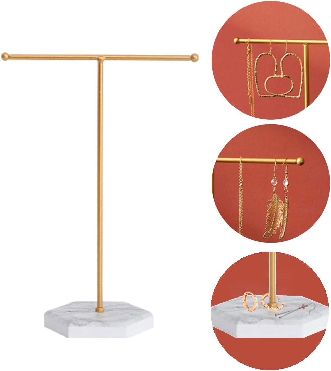 Gold T-Bar Metal Jewelry Stand with Marble Base