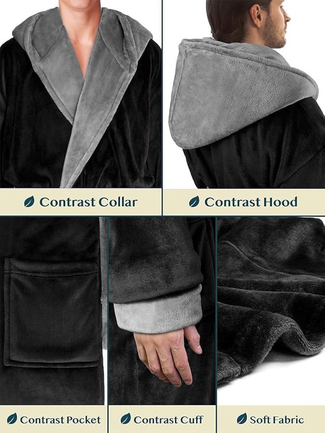 PAVILIA Mens Robe, Hooded Soft Bathrobe for Men, Fleece Plush Warm Shawl Collar Hood Pockets for Bath Shower Spa (Black/Gray, One Size)