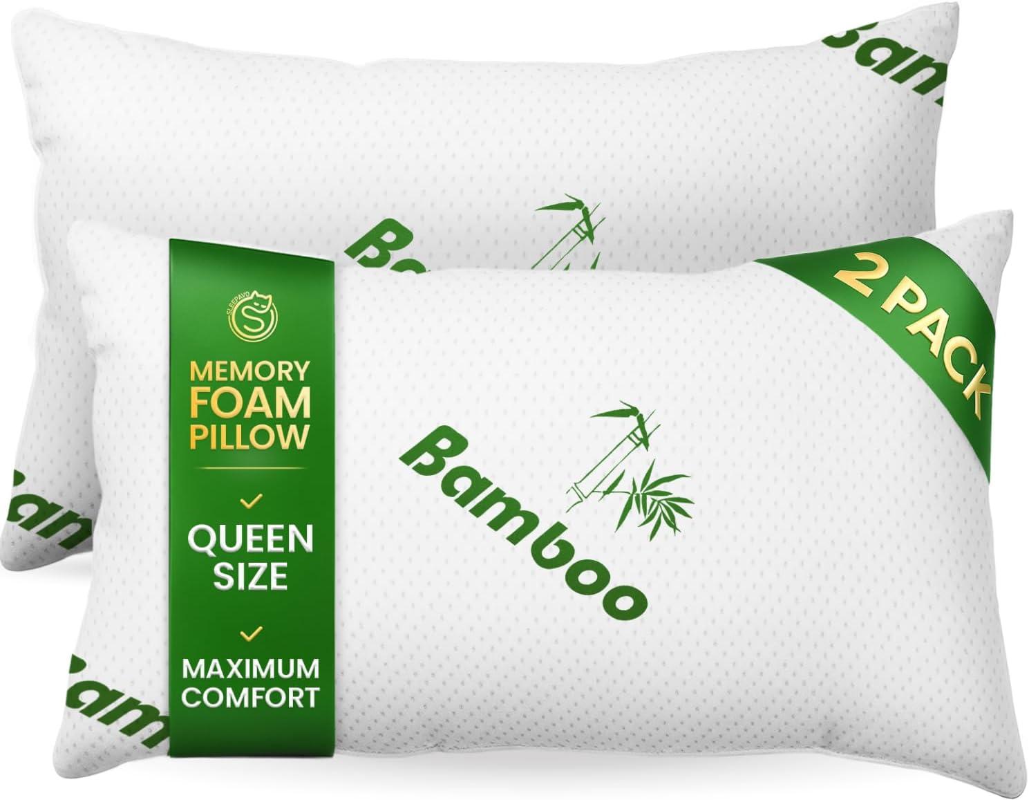 Sleepavo Memory Foam Pillows Queen Size Set of 2 - Cooling Bed Pillows for Sleeping - Back, Stomach, Side Sleeper Firm, Comfy Cool Shredded - 2 Pack