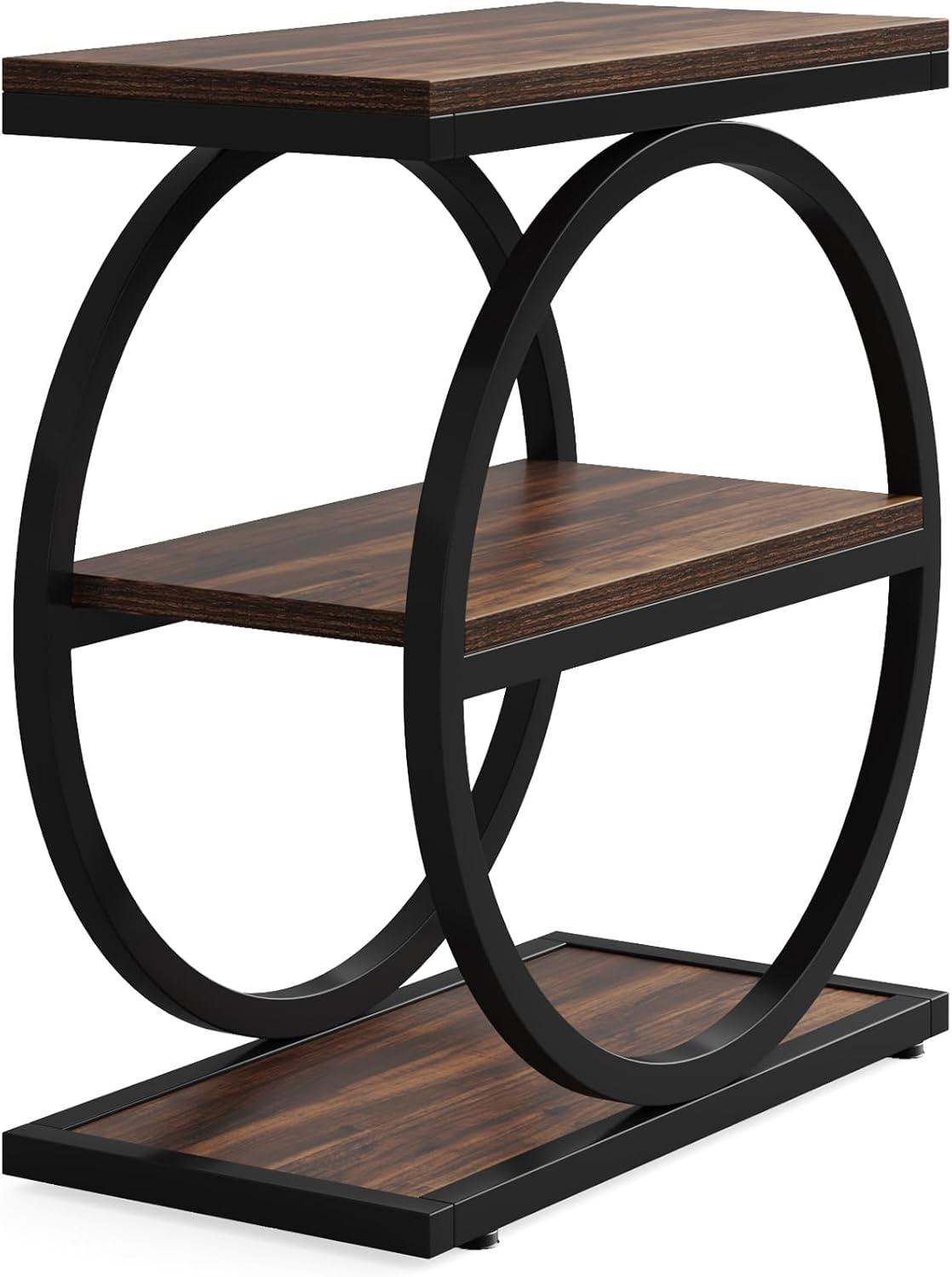 Industrial Dark Wood and Black Metal 3-Tier End Table