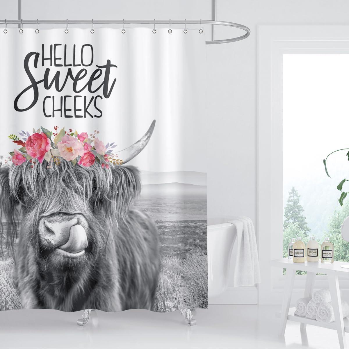 Farmhouse Highland Cow Shower Curtain Wildlife Bull Cattle Western Farm Grassland Vintage Rustic Animal Country Home Bathroom Decor Waterproof Fabric 72Lx72W Inch with Plastic 12PCS Hooks