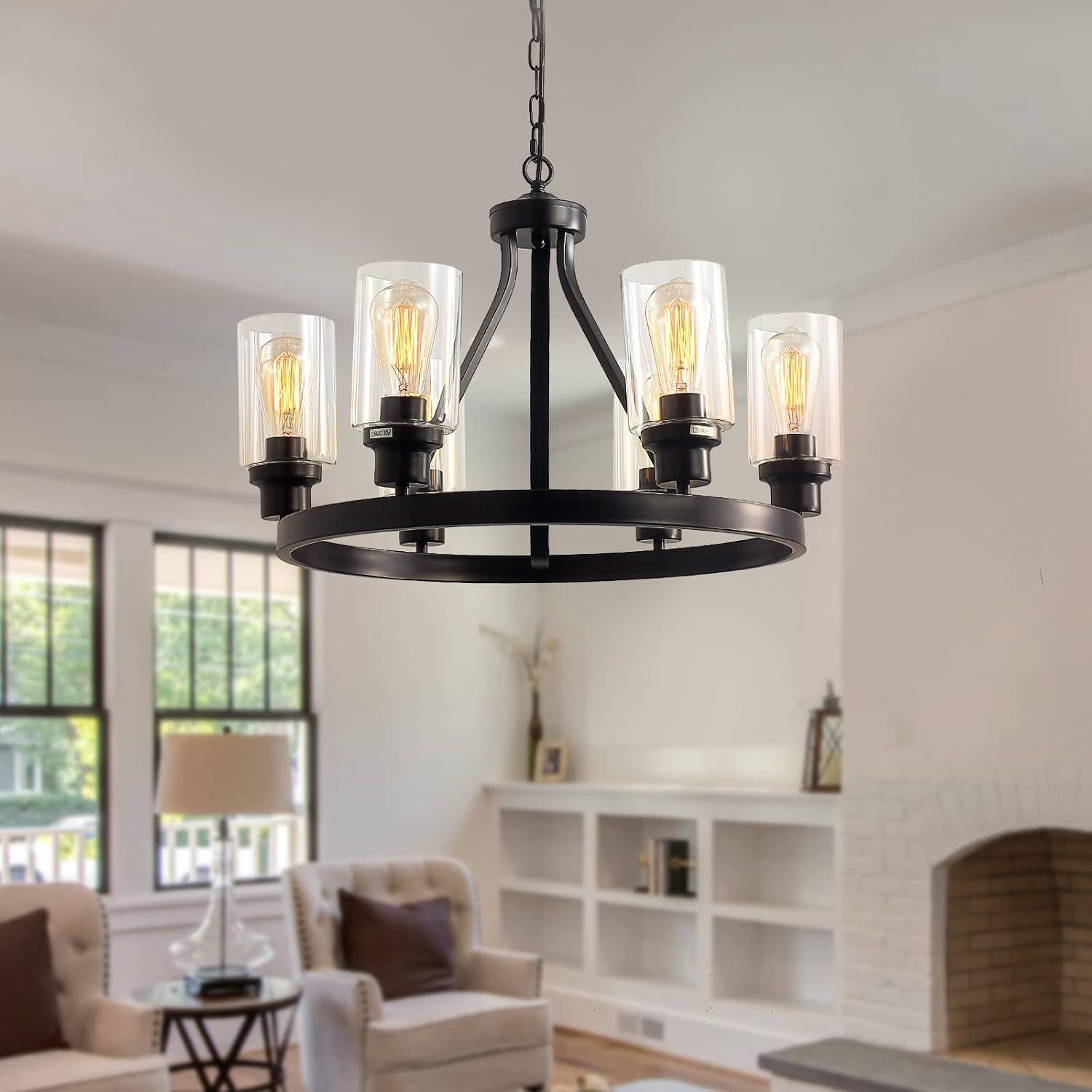 24'' Round Wagon Wheel 6-Light Chandelier Hanging Glass Pendant Light - N/A Black