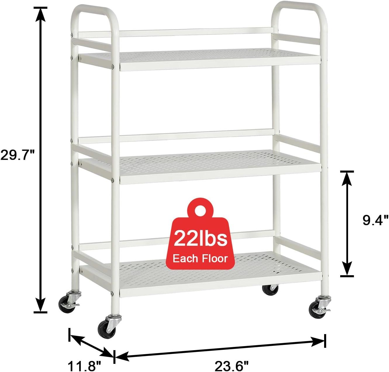 White 3-Tier Metal Mesh Rolling Utility Cart with Locking Wheels